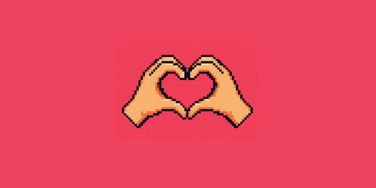 Hintergrund Magentafarben und in der Mitte ein Emoticon von zwei Händen, die zusammen ein Herz bilden.