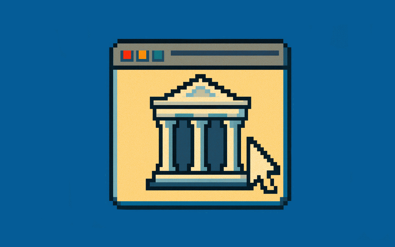 Pixel-Art-Grafik eines Webbrowser-Fensters mit stilisierter antiker Säulenfassade, die an ein Archiv oder eine Bibliothek erinnert. Daneben ein großer Pixel-Cursor auf blauem Hintergrund.