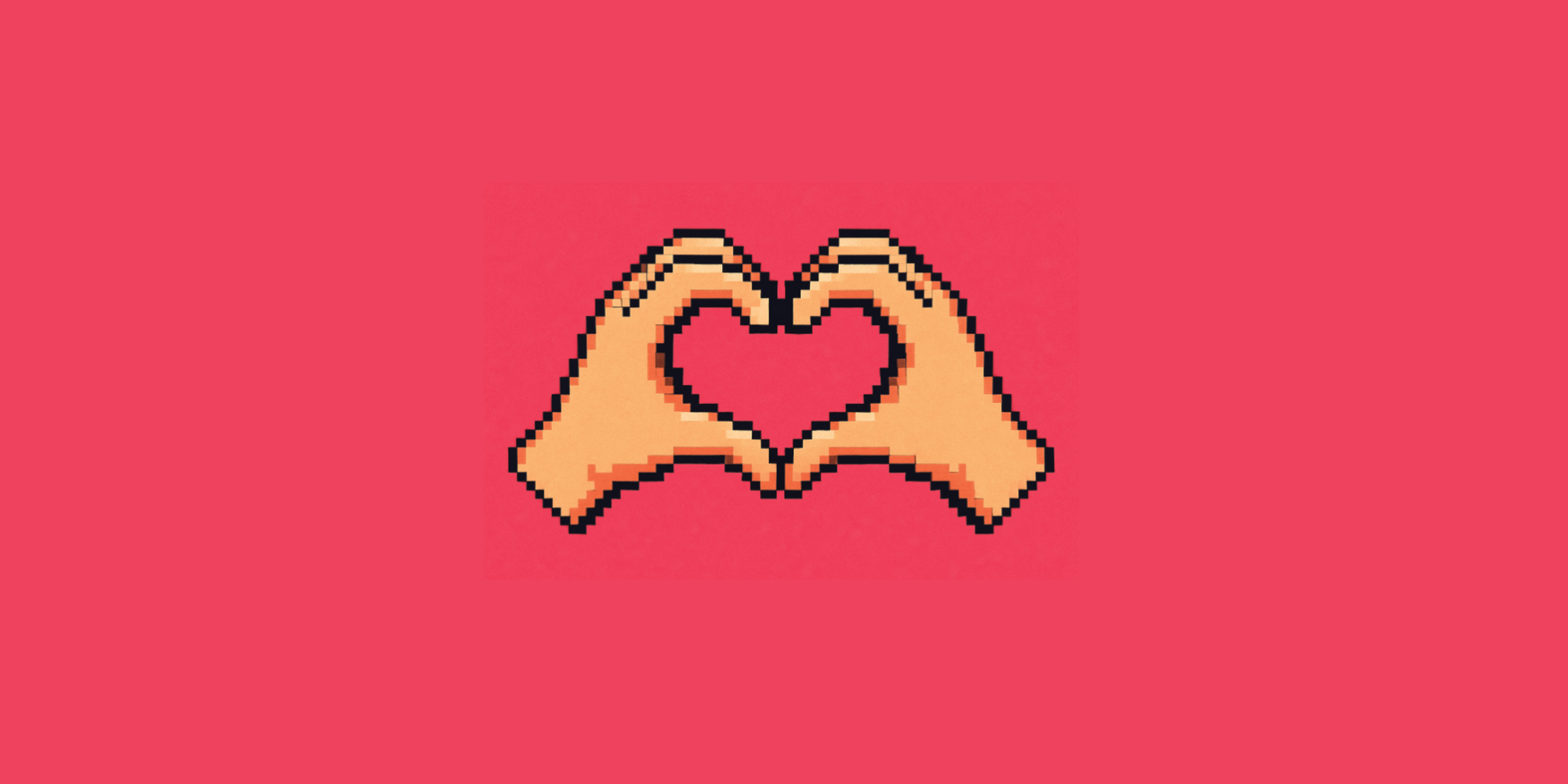 Hintergrund Magentafarben und in der Mitte ein Emoticon von zwei Händen, die zusammen ein Herz bilden.